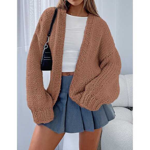 Womens Trendy Cardigan Sweaters Red Camel Long Sleeve Chunky Knit Outfits - Picture 8 of 8